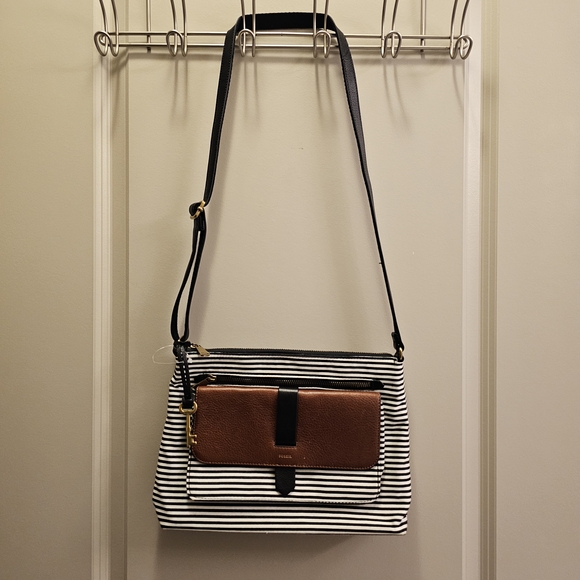 Fossil Kinley Striped Leather Zip Closure Convertible Crossbody Satchel Purse - Picture 2 of 8